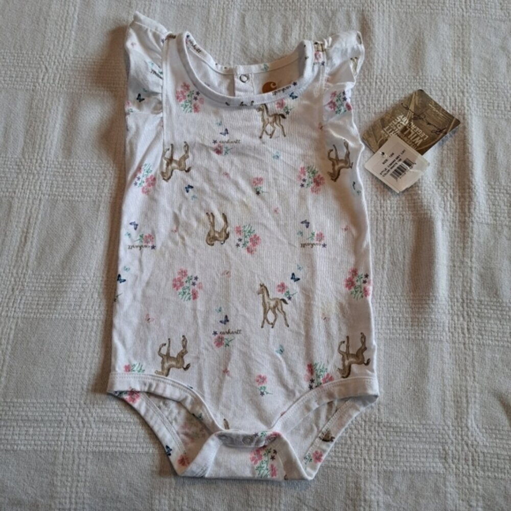 Carhartt girls size 12 month short sleeve bodysuit with horse design, NEW